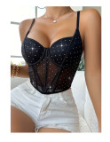 Women Black Rhinestone Mesh Camisole Fitted Backless Lingerie