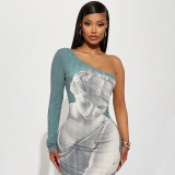 Women's Fashion Printed One-Shoulder Long Sleeve Slim Waist Long Dress