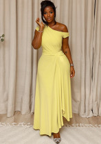 Women Solid Pleated Skirt Slash Shoulder Sleeveless Off-Shoulder Dress