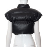 Autumn/Winter Women's Stand Collar Faux Leather Short Puffer Cotton Vest