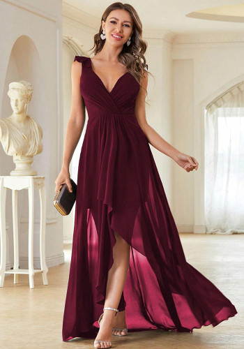 Women's V-Neck Chiffon Ruched Low Back High-Low Bridesmaid Party Dress