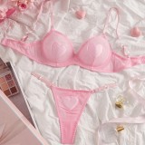 Women Valentine's Day Pink Heart Print Mesh Sexy Lingerie Two-Piece Set