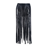Autumn Women's Sexy Casual Fringe Slit Cutout PU Leather Skirt