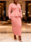 Plus Size Women Pink Rhinestone Studded Skirt with Ruffled Sleeves Formal Party Dress
