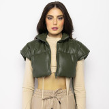 Autumn/Winter Women's Stand Collar Faux Leather Short Puffer Cotton Vest
