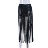 Autumn Women's Sexy Casual Fringe Slit Cutout PU Leather Skirt
