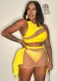 Summer Women's Sexy Mesh See-Through Cutout Patchwork Top & Skirt Set