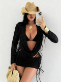 Women's Swimwear Printed Mesh Long Sleeve Beach Skirt Sexy Bikini Four-Piece Set