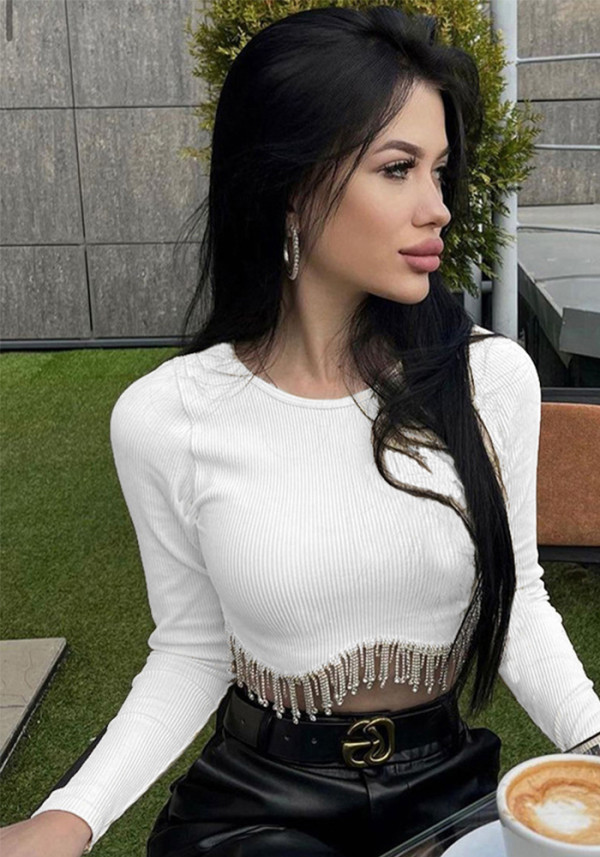 Autumn Women's Sexy Open Waist Rhinestone Chain Fringe Long Sleeve T-Shirt