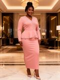 Plus Size Women Pink Rhinestone Studded Skirt with Ruffled Sleeves Formal Party Dress