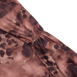 Women Leopard Print Mesh Off Shoulder 3/4 Jumpsuit