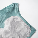 Women's Fashion Printed One-Shoulder Long Sleeve Slim Waist Long Dress