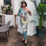 Women's Fashion Printed One-Shoulder Long Sleeve Slim Waist Long Dress