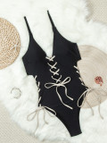 Women Sexy Beach Color Block Lace-Up Swimwear