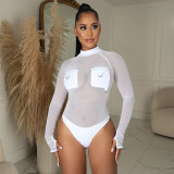 Autumn Women's Sexy Mesh See-Through Long Sleeve Bodysuit