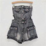 Women Summer Cargo Button Denim Jumpsuit