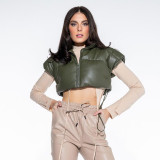 Autumn/Winter Women's Stand Collar Faux Leather Short Puffer Cotton Vest