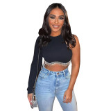 Spring Women's Sexy Open Waist One-Sleeve Rhinestone Chain Fringe T-Shirt