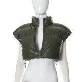 Autumn/Winter Women's Stand Collar Faux Leather Short Puffer Cotton Vest