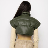 Autumn/Winter Women's Stand Collar Faux Leather Short Puffer Cotton Vest