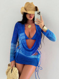 Women's Swimwear Printed Mesh Long Sleeve Beach Skirt Sexy Bikini Four-Piece Set