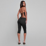 Women's Fashion Solid Color Sexy Cutout Halter Neck Top & Cropped Pants Set