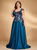 Women Elegant Sequin Embroidered Contrast Color Square Neck Evening Dress