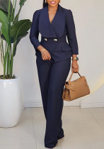 Women Sexy Turndown Collar Long Sleeve Wide Leg Jumpsuit