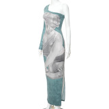 Women's Fashion Printed One-Shoulder Long Sleeve Slim Waist Long Dress
