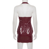 Women Sexy Halter Neck Pu-Leather V-Neck Bodycon Dress