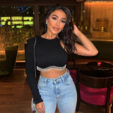 Spring Women's Sexy Open Waist One-Sleeve Rhinestone Chain Fringe T-Shirt