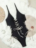 Women Sexy Beach Color Block Lace-Up Swimwear
