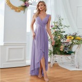 Women's V-Neck Chiffon Ruched Low Back High-Low Bridesmaid Party Dress