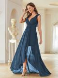 Women's V-Neck Chiffon Ruched Low Back High-Low Bridesmaid Party Dress