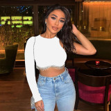 Spring Women's Sexy Open Waist One-Sleeve Rhinestone Chain Fringe T-Shirt