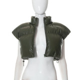 Autumn/Winter Women's Stand Collar Faux Leather Short Puffer Cotton Vest