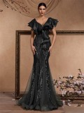 Women Elegant Ruffle Sleeve Sequin Backless Mermaid Evening Dress