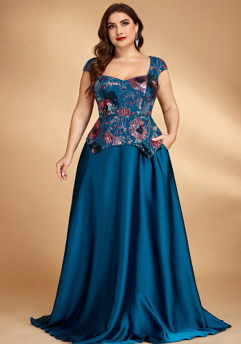 Women Elegant Sequin Embroidered Contrast Color Square Neck Evening Dress