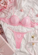 Women Valentine's Day Pink Heart Print Mesh Sexy Lingerie Two-Piece Set