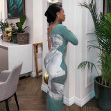 Women's Fashion Printed One-Shoulder Long Sleeve Slim Waist Long Dress