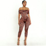 Women Leopard Print Mesh Off Shoulder 3/4 Jumpsuit