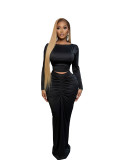 Women Spring Solid Sexy Hollow Out Crop Top and Gathered Two-piece Skirt Set