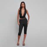 Women's Fashion Solid Color Sexy Cutout Halter Neck Top & Cropped Pants Set