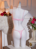 Women Valentine's Day Pink Heart Print Mesh Sexy Lingerie Two-Piece Set