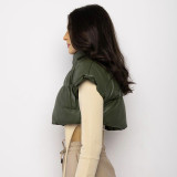 Autumn/Winter Women's Stand Collar Faux Leather Short Puffer Cotton Vest