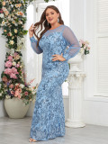 Plus Size Women See-Through Long-Sleeve Round Neck Sky Blue Evening Dress