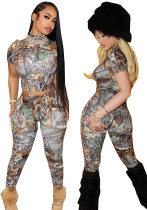 Women Printed High-Neck Short-Sleeve Crop Top and Pants Two-Piece Set