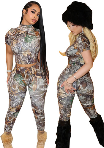 Women Printed High-Neck Short-Sleeve Crop Top and Pants Two-Piece Set