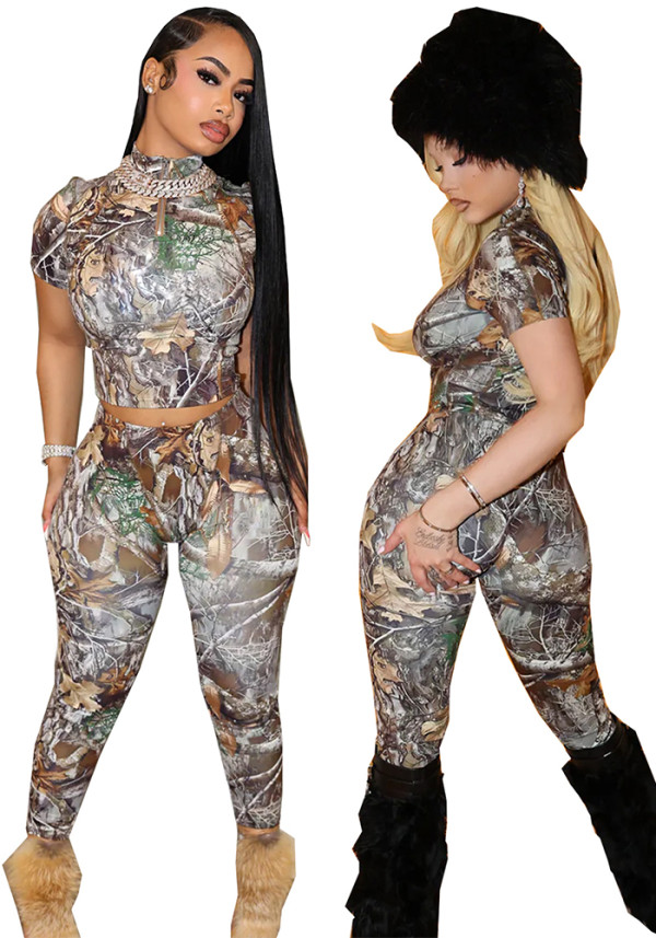 Women Printed High-Neck Short-Sleeve Crop Top and Pants Two-Piece Set