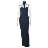 Women Solid Halter Neck Sleeveless Sexy Backless Bodycon Dress
